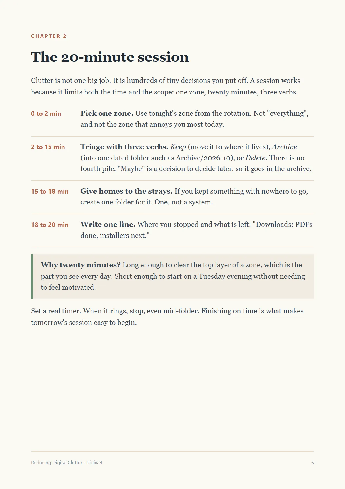 Page 6: the 20-minute session, broken into four timed steps