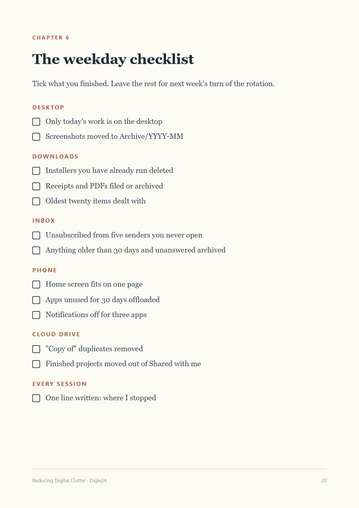 Page 20: the printable weekday checklist, grouped by zone
